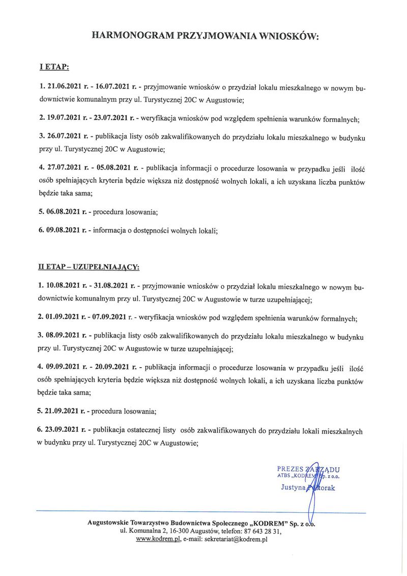 Harmonogram przyjmowania wniosków